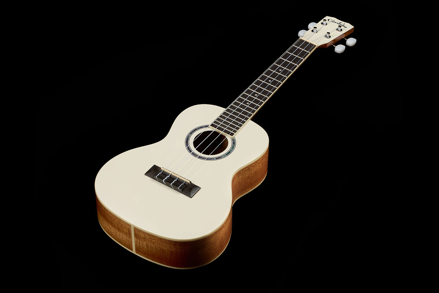 Top down front view of Córdoba 15C Mallorcan Pearl ukulele