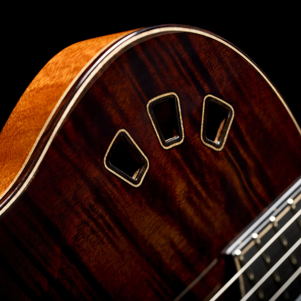 Close-up view of Stage Artist Habano Burst soundhole thumb