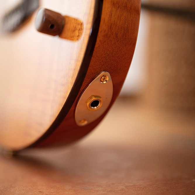 Close-up of Stage Natural Amber output jack thumb