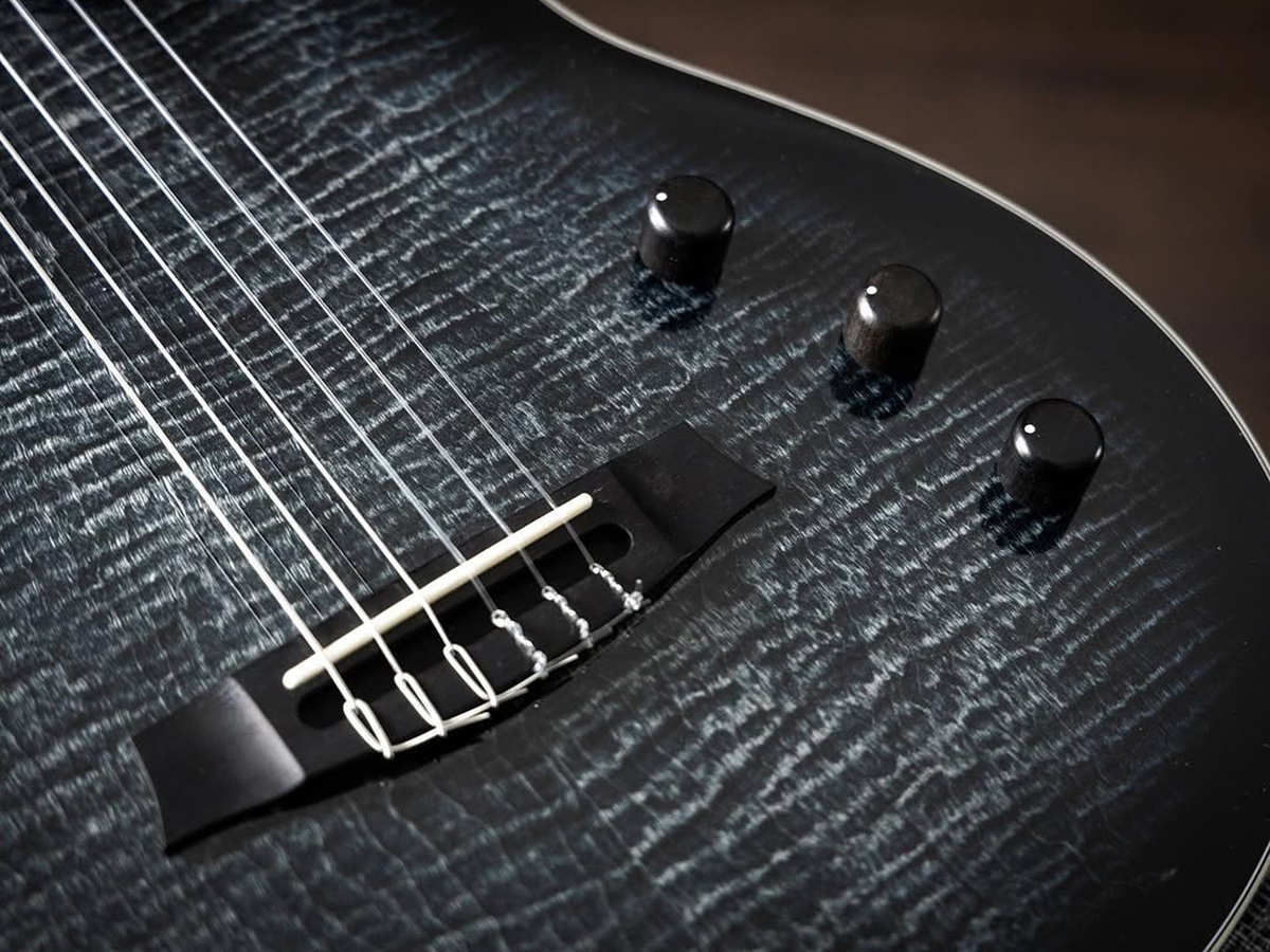 Close-up of Stage Black Burst guitar body showcasing the Stage pickup system