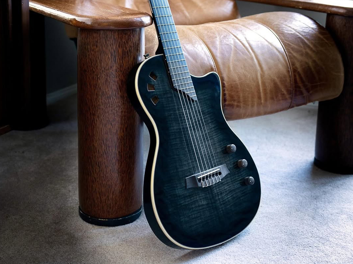 Stage Black Burst guitar leaning against a cushioned chair in a living room