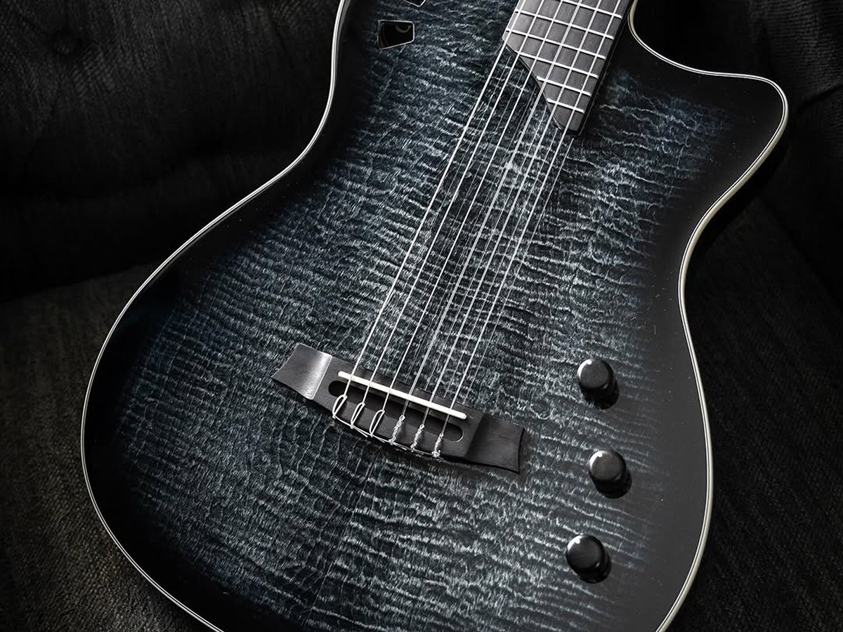 Top down close-up of Stage Black Burst guitar body showing strings, pickup, and exotic top veneer