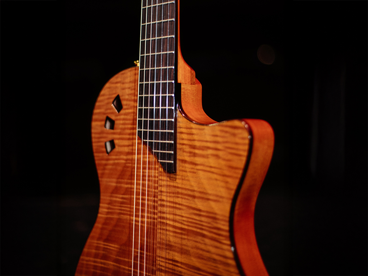 Close-up of Stage Natural Amber body highlighting the fusion neck