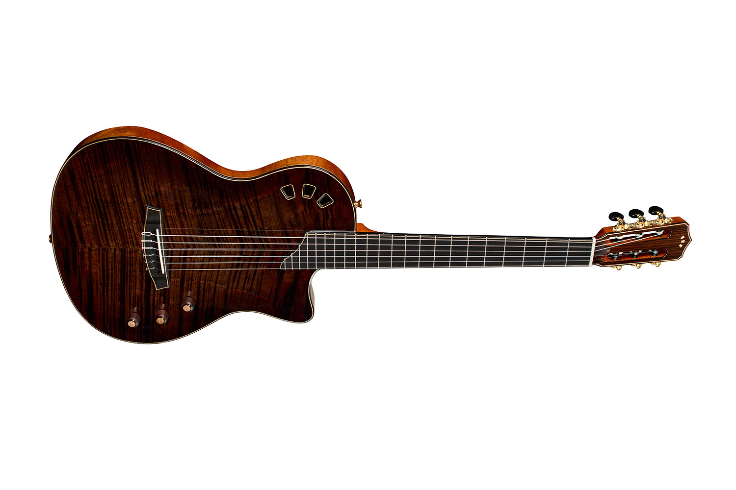 Horizontal side view of Stage Artist Habano Burst guitar