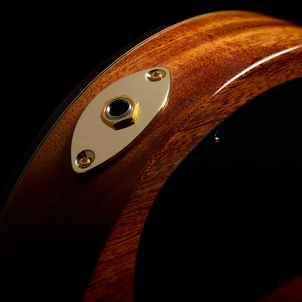 Close-up of Stage Artist Agave Burst output jack thumb