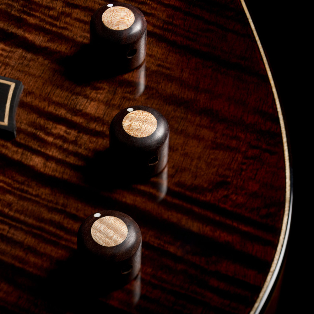 Close-up view of Stage Artist Habano Burst knobs thumb