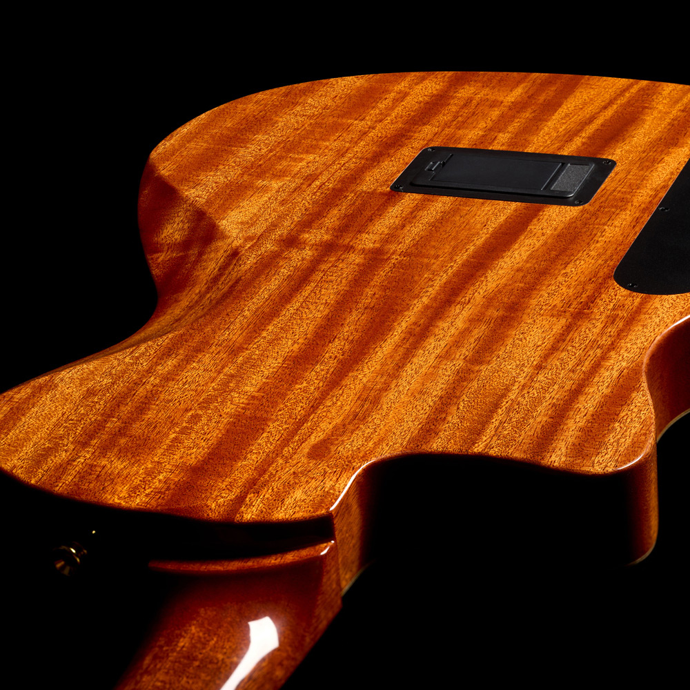 Top down view of Stage Artist Habano Burst back featuring sculpted neck heel thumb