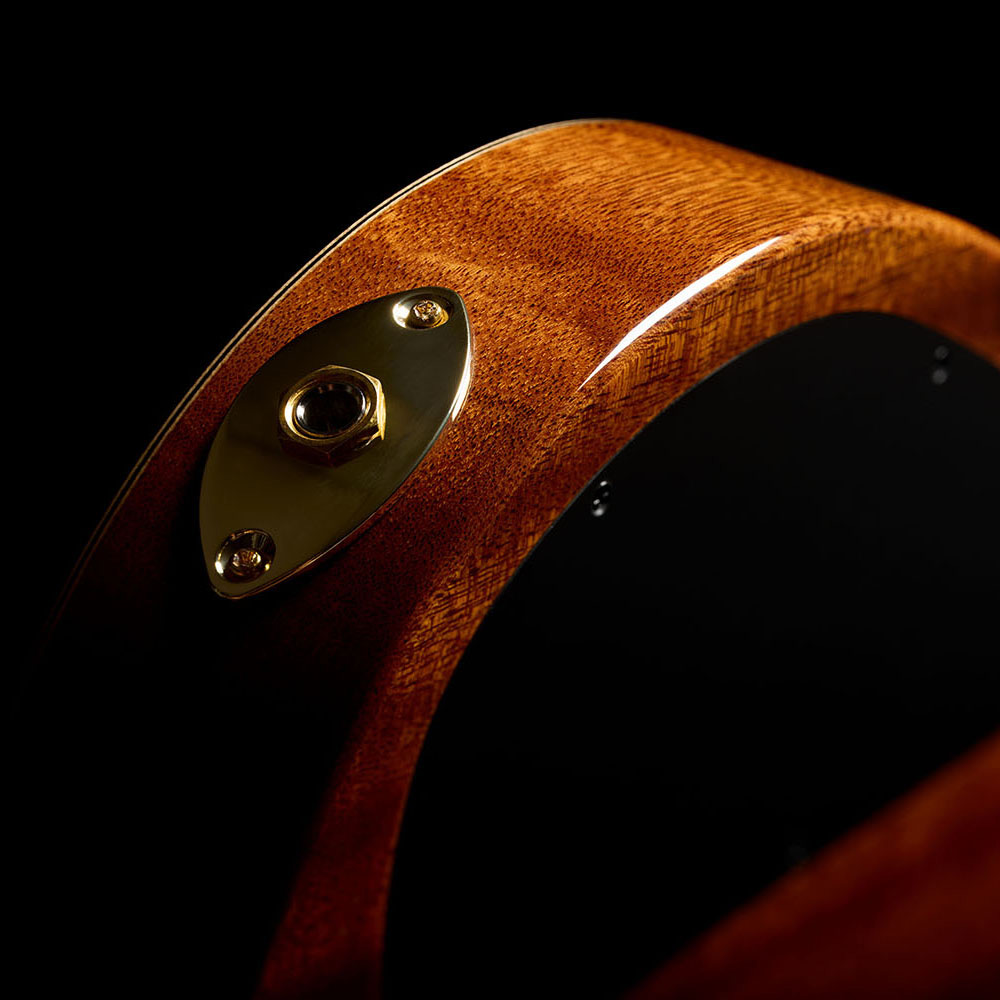 Close-up view of Stage Artist Habano Burst output jack thumb