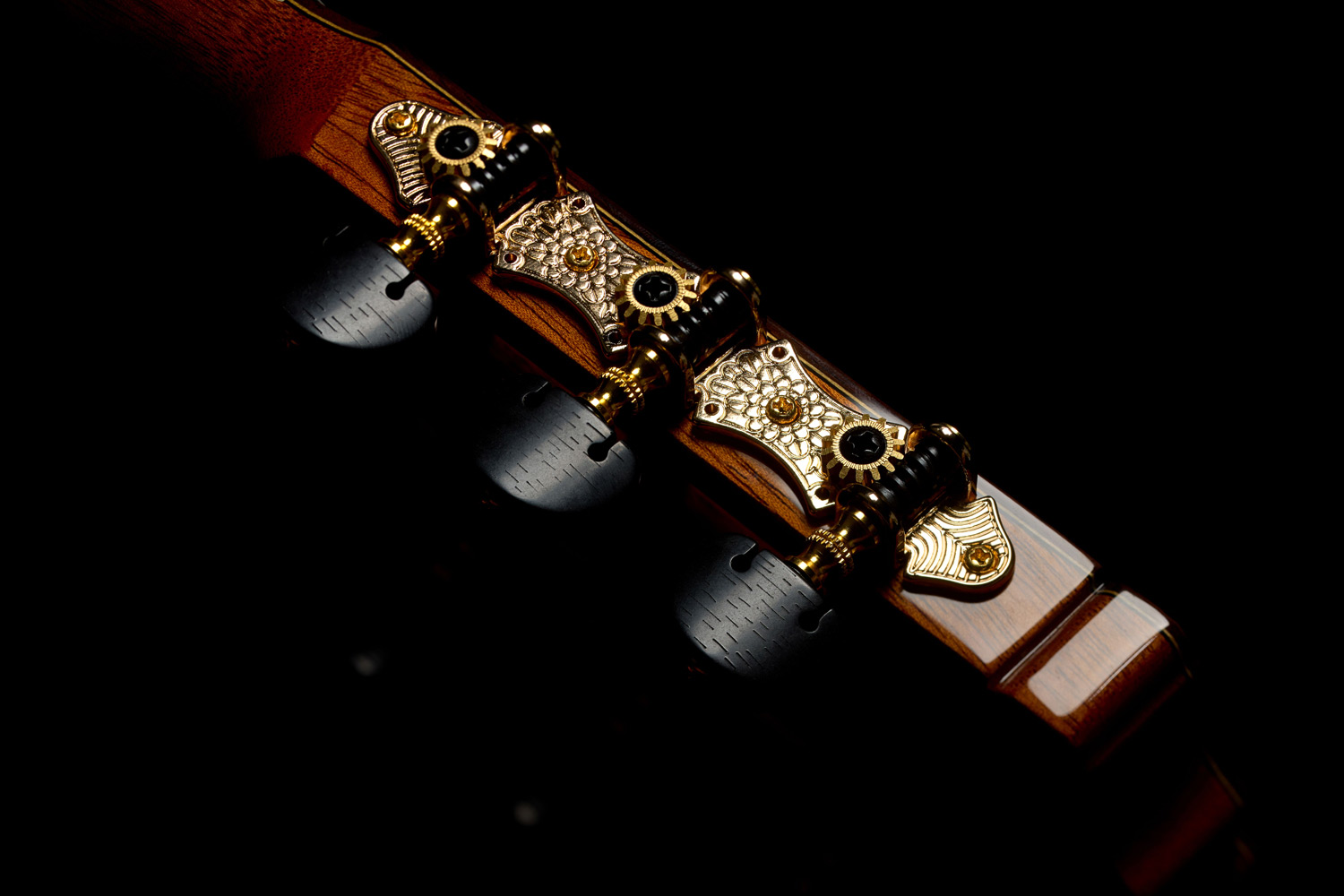 Close-up view of Stage Artist Traditional headstock featuring Córdoba Flower Petal tuners