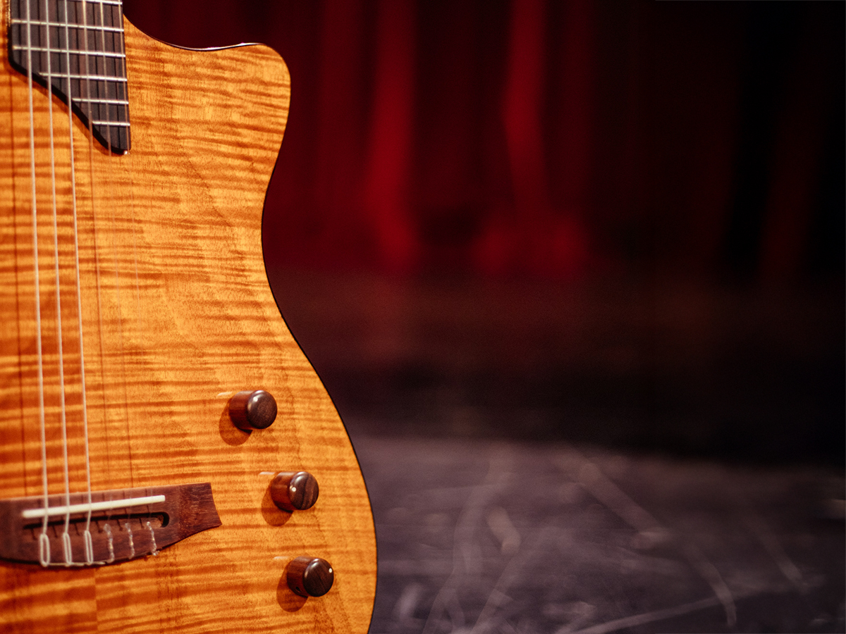 Stage Natural Amber guitar body showcasing Stage pickup system