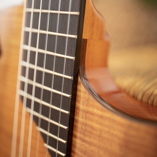 Close-up of Stage Natural Amber neck and strings thumb
