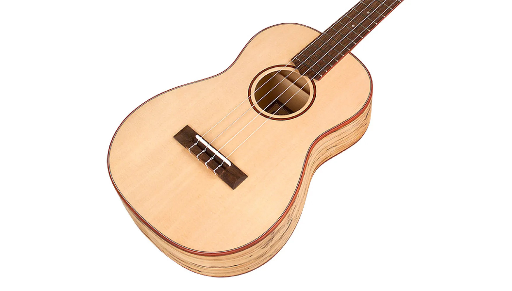 Angled front view of 24B Spruce ukulele