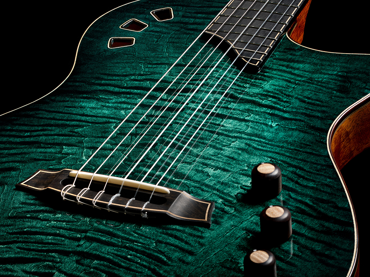 Close-up of body of Stage Artist Agave Burst showcasing the stage pickup system