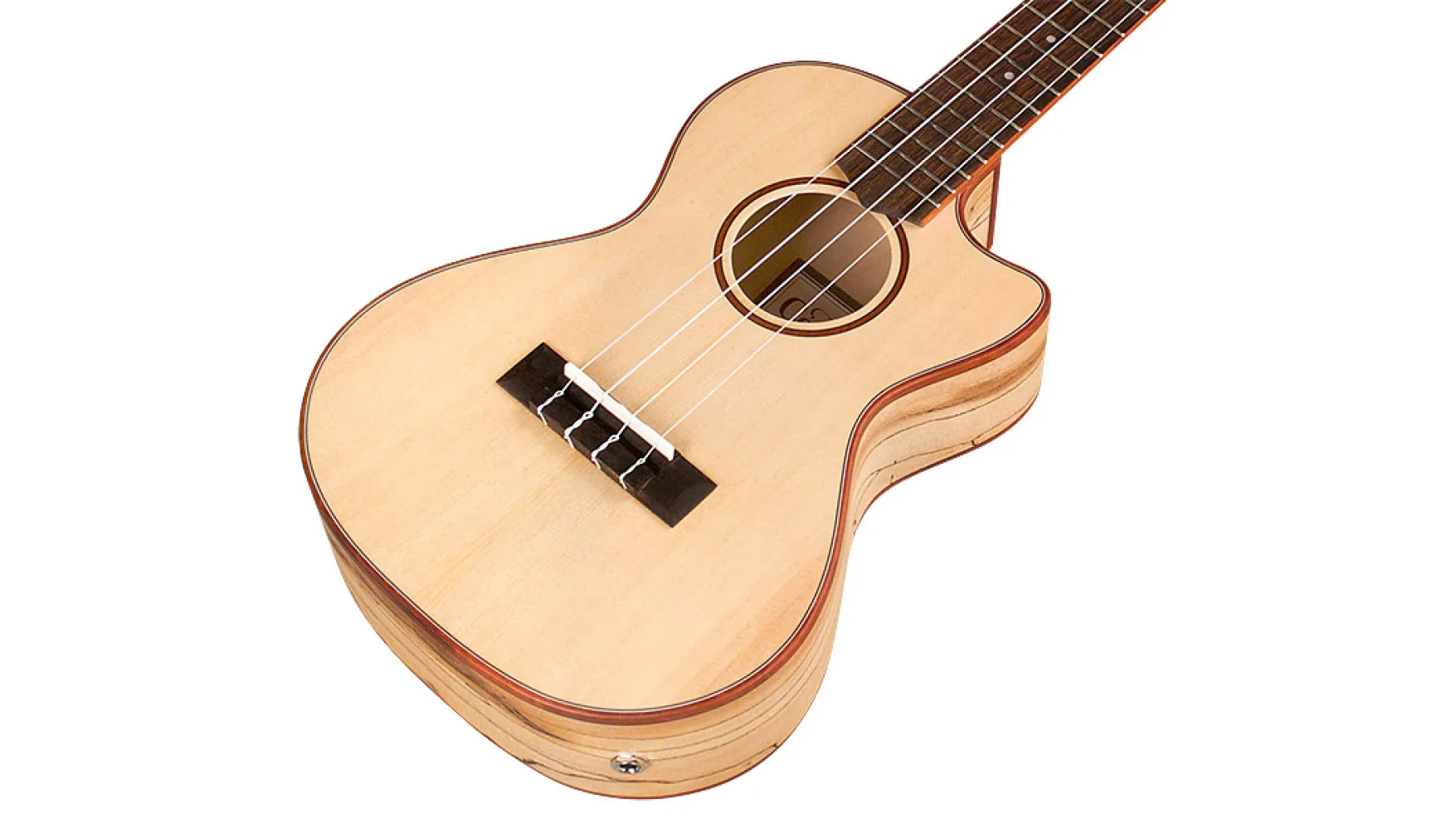 Angled front view of 24T-CE Spruce ukulele