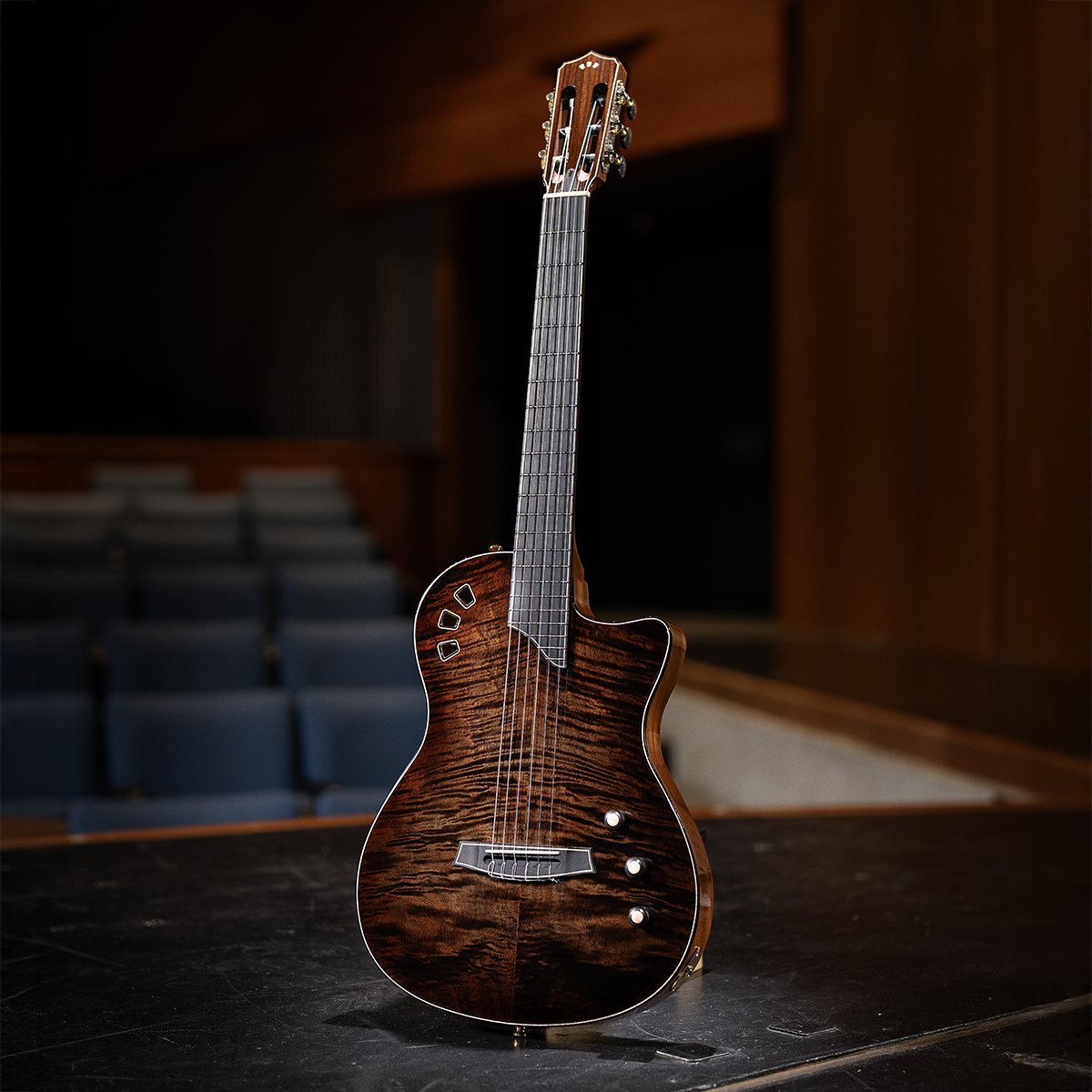 Side angle view of Córdoba Stage Artist Habano Burst showcasing the Stage body shape