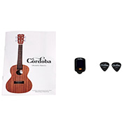 View of UP100 Ukulele Basics booklet, clip-on tuner and picks thumb