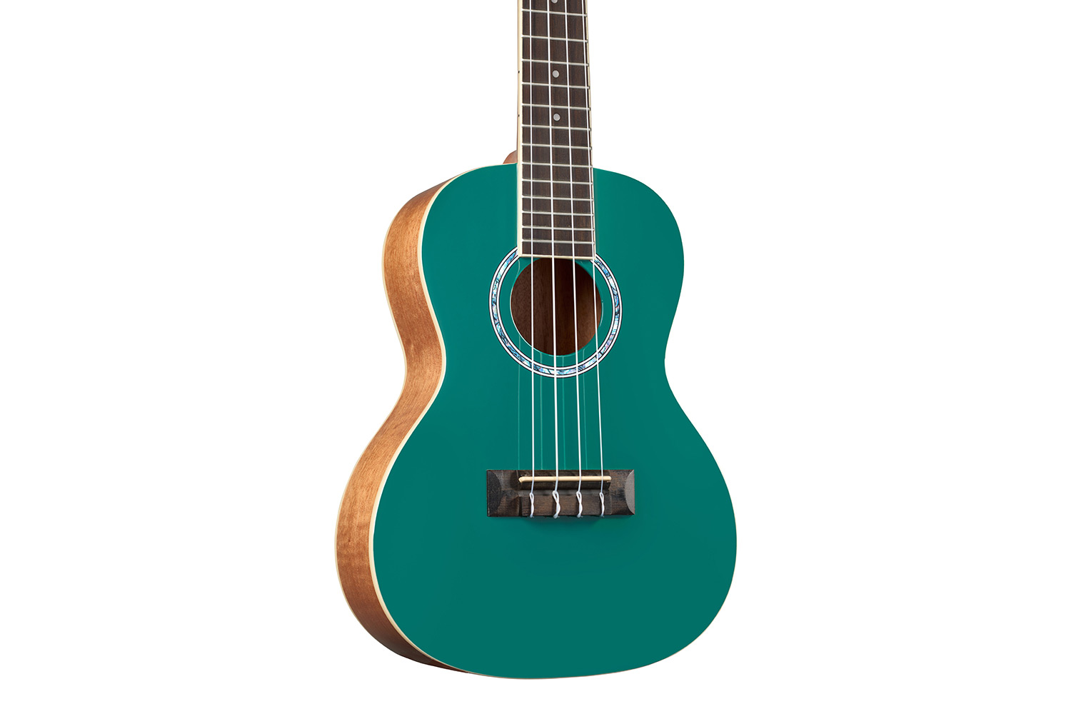 Horizontal close-up body view of Córdoba 15C Catalonia Green Ukulele