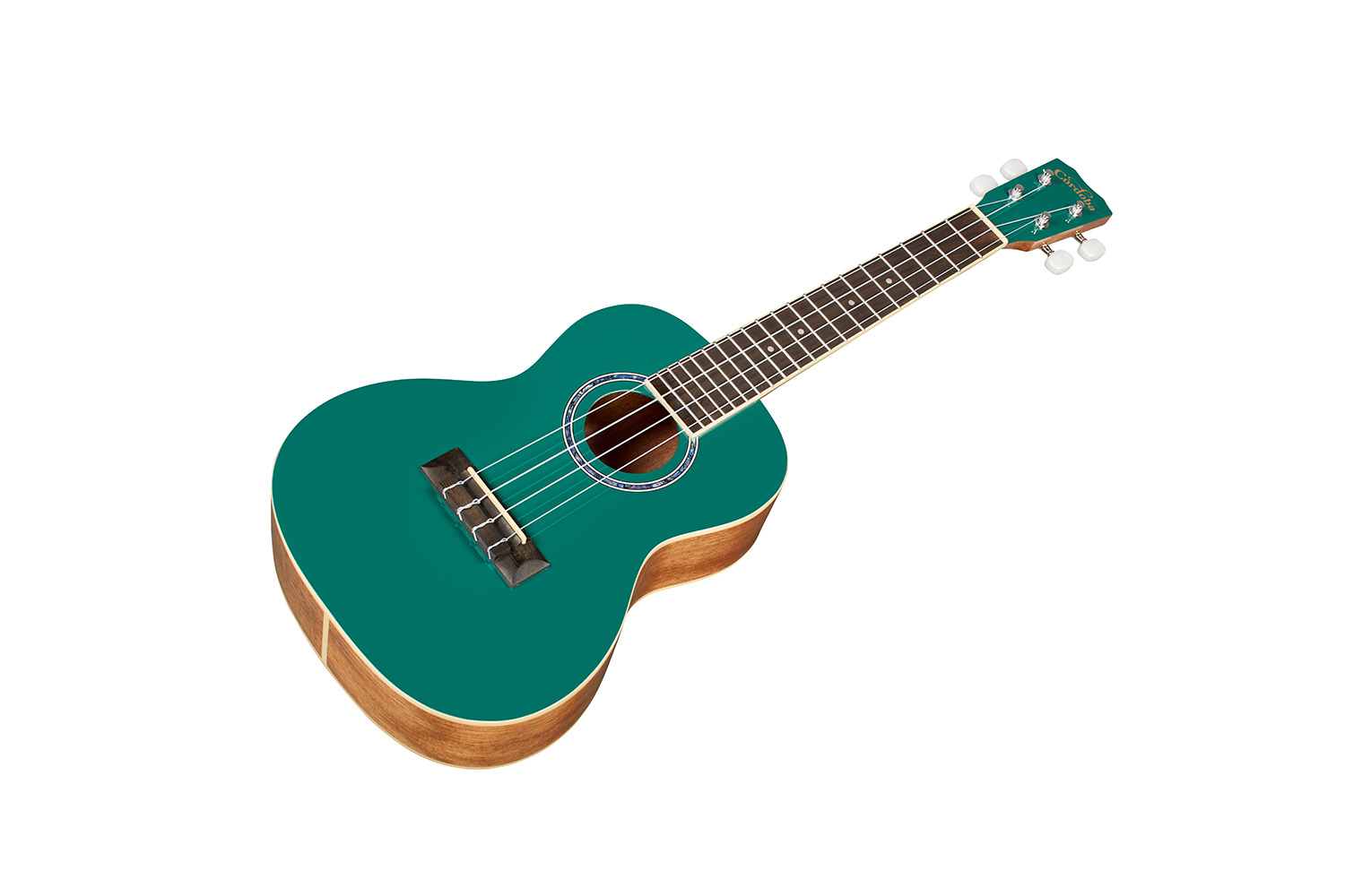 Angled front view of Córdoba 15C Catalonia Green Ukulele