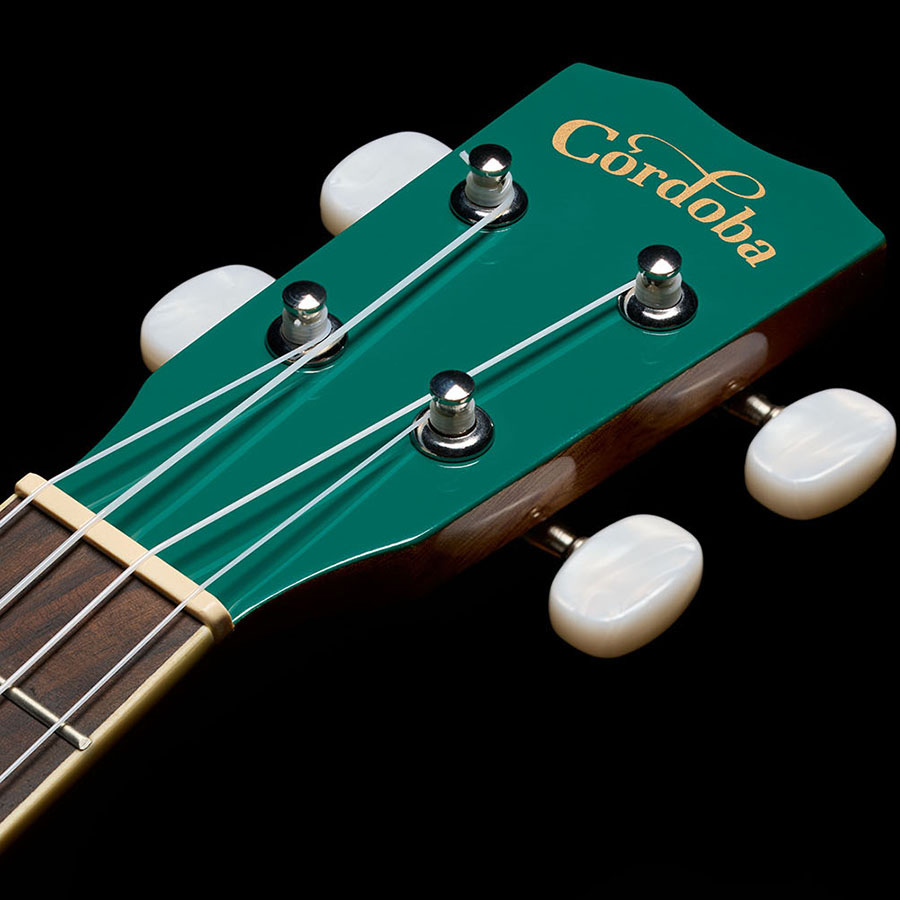 Close-up front of the headstock of Córdoba 15C Catalonia Green ukulele thumbnail