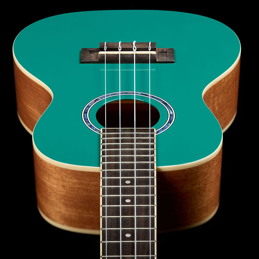 Looking down the neck  at the front body of Córdoba 15C Catalonia Green ukulele thumbnail