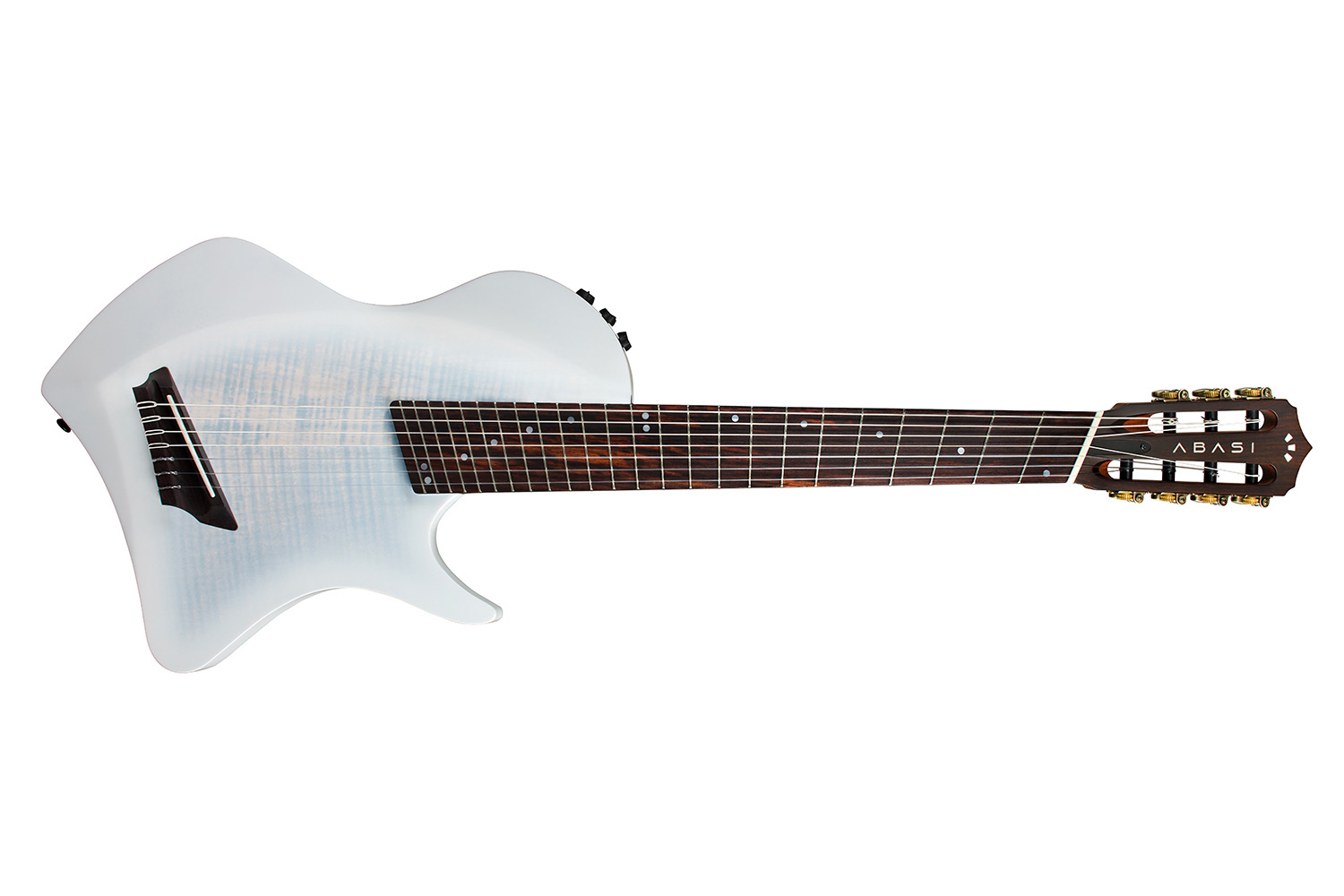 Horizontal front view of Abasi 7 White Burst guitar