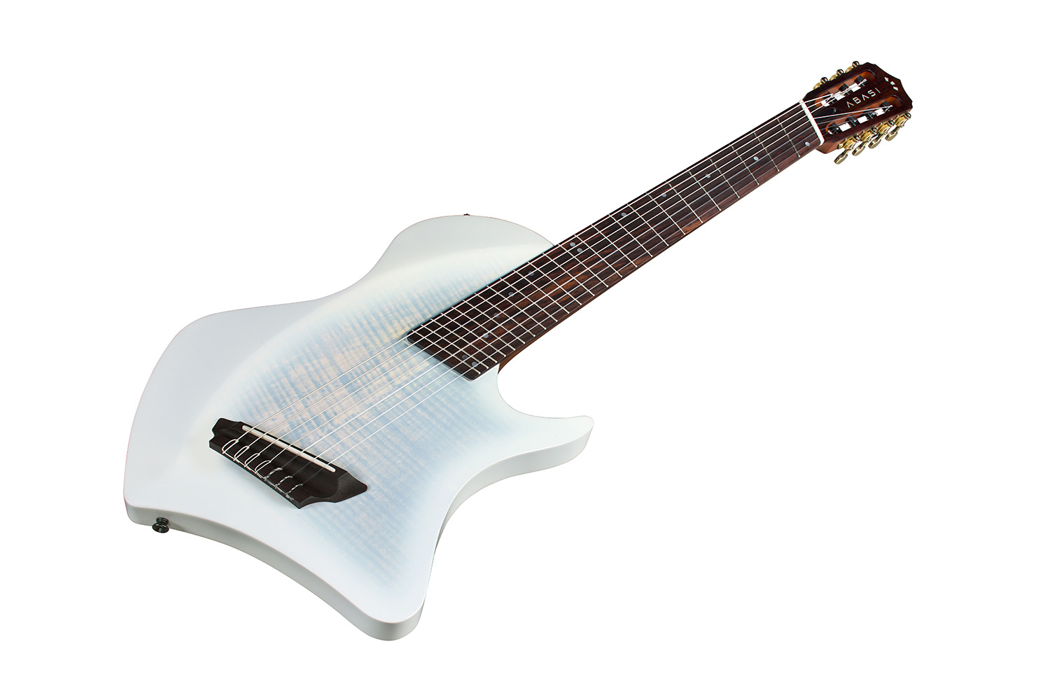 Angled front view of Abasi 7 White Burst guitar