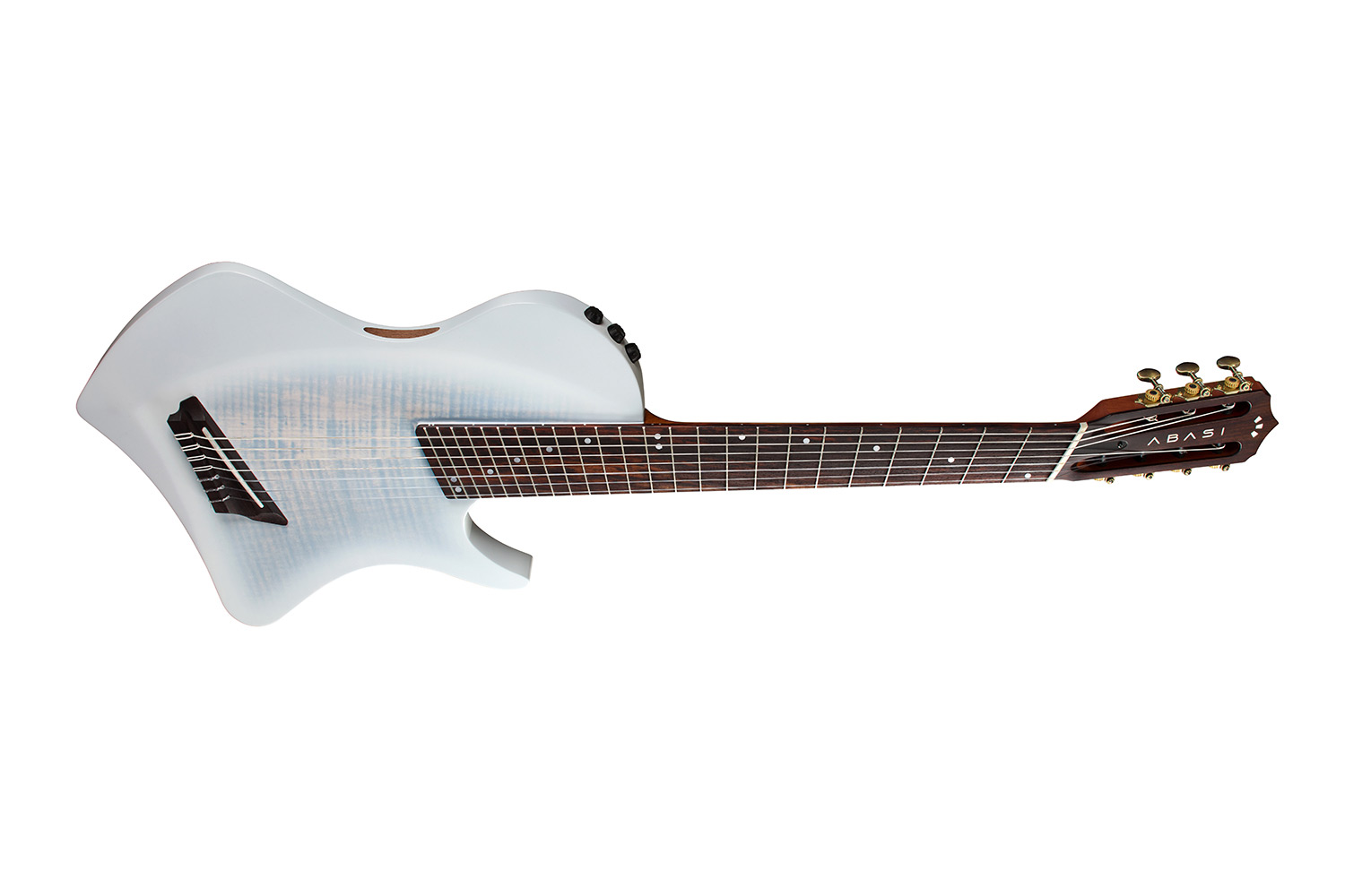 Horizontal side view of Abasi 7 White Burst guitar