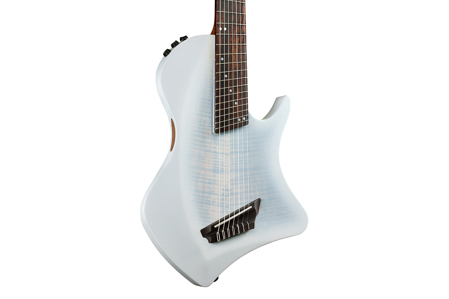 Close-up body view of Abasi 7 White Burst guitar