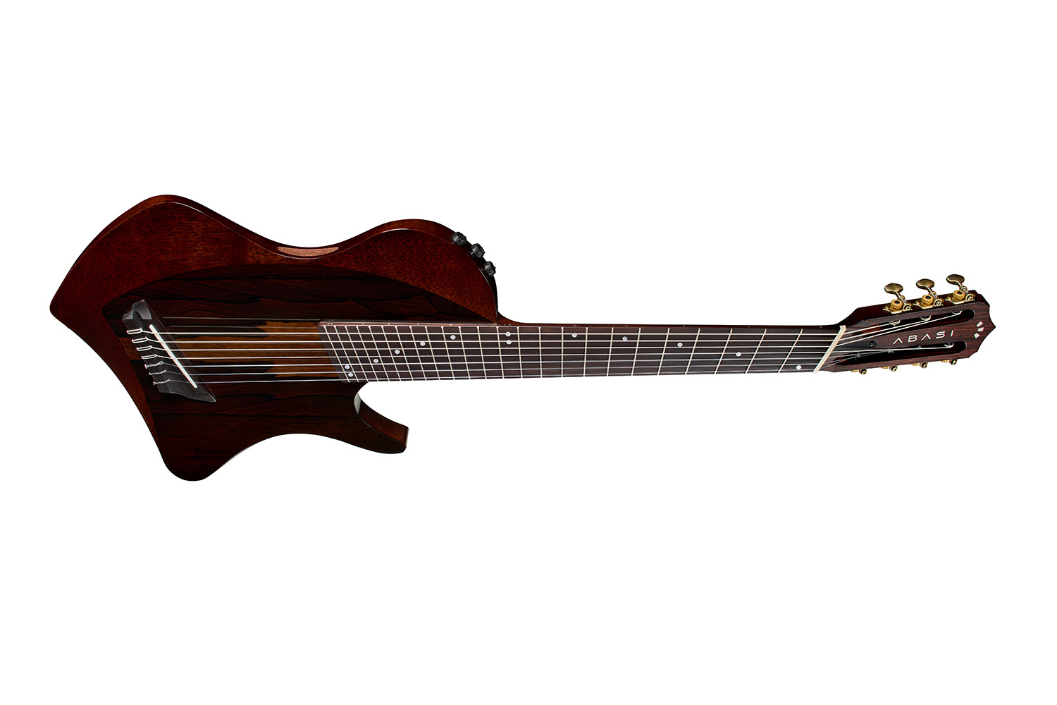 Horizontal side view of Abasi Stage 7 Ziricote guitar