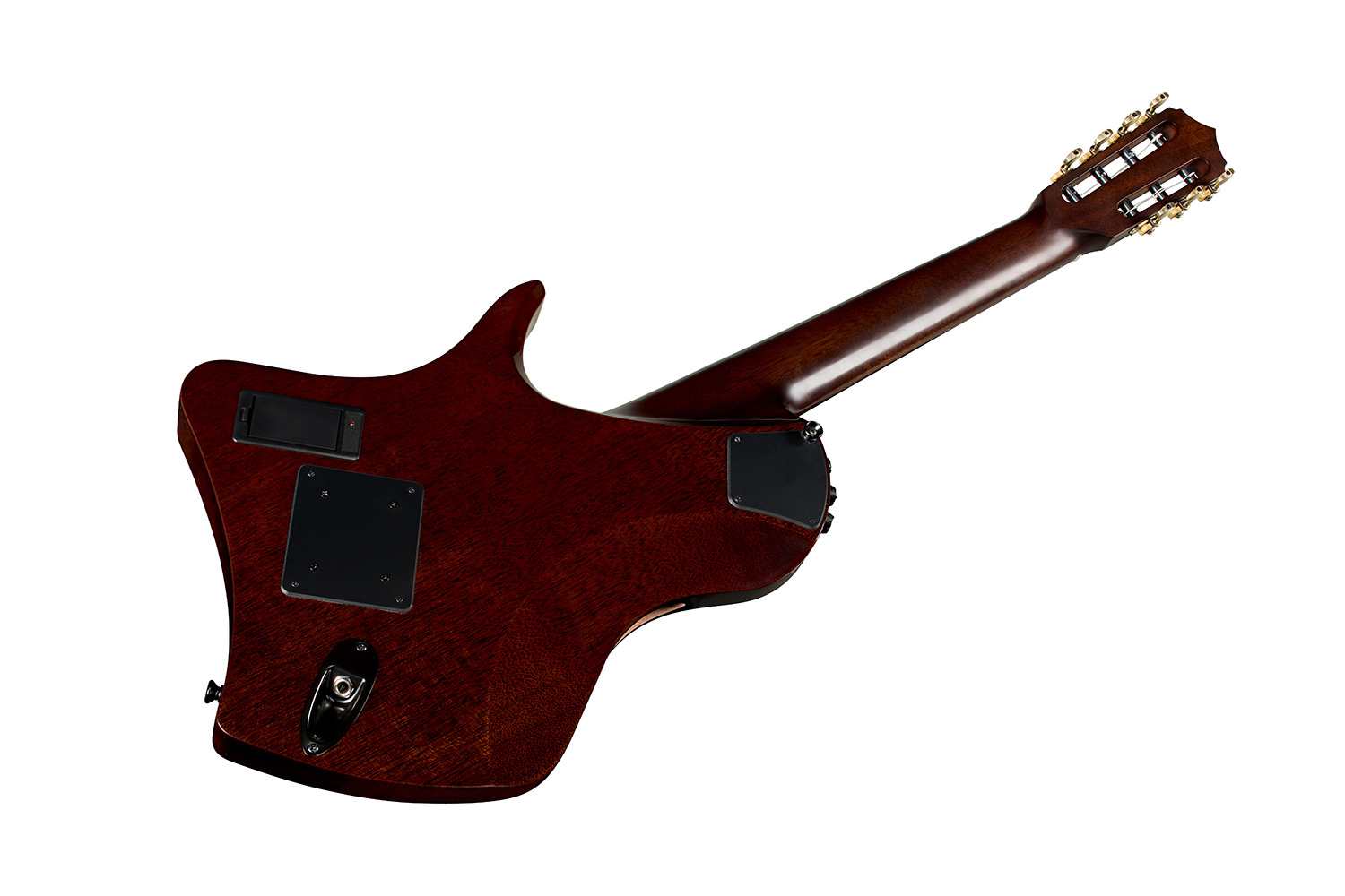 Angled back view of Abasi Stage 7 Ziricote guitar guitar