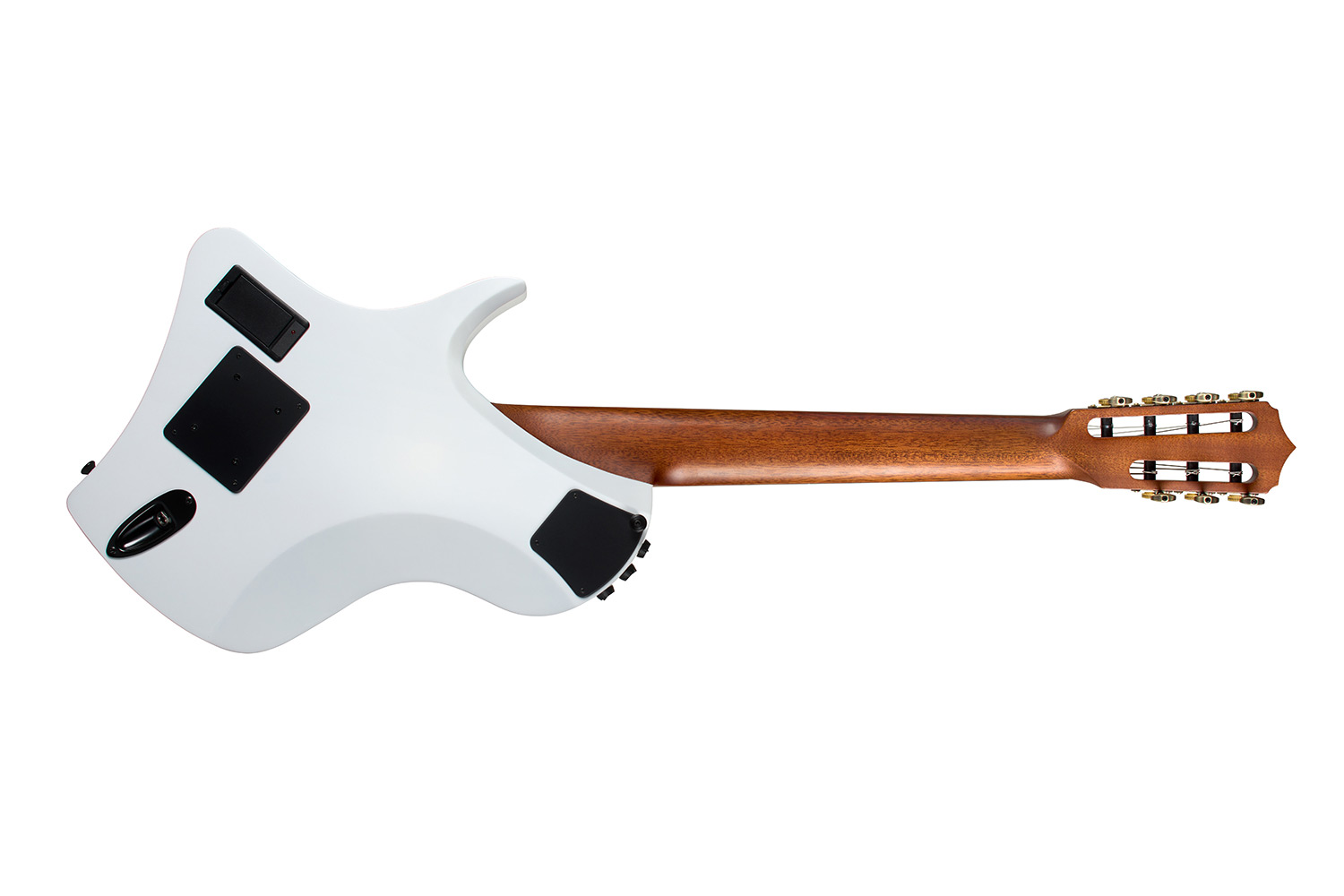 Horizontal back view of Abasi 7 White Burst guitar