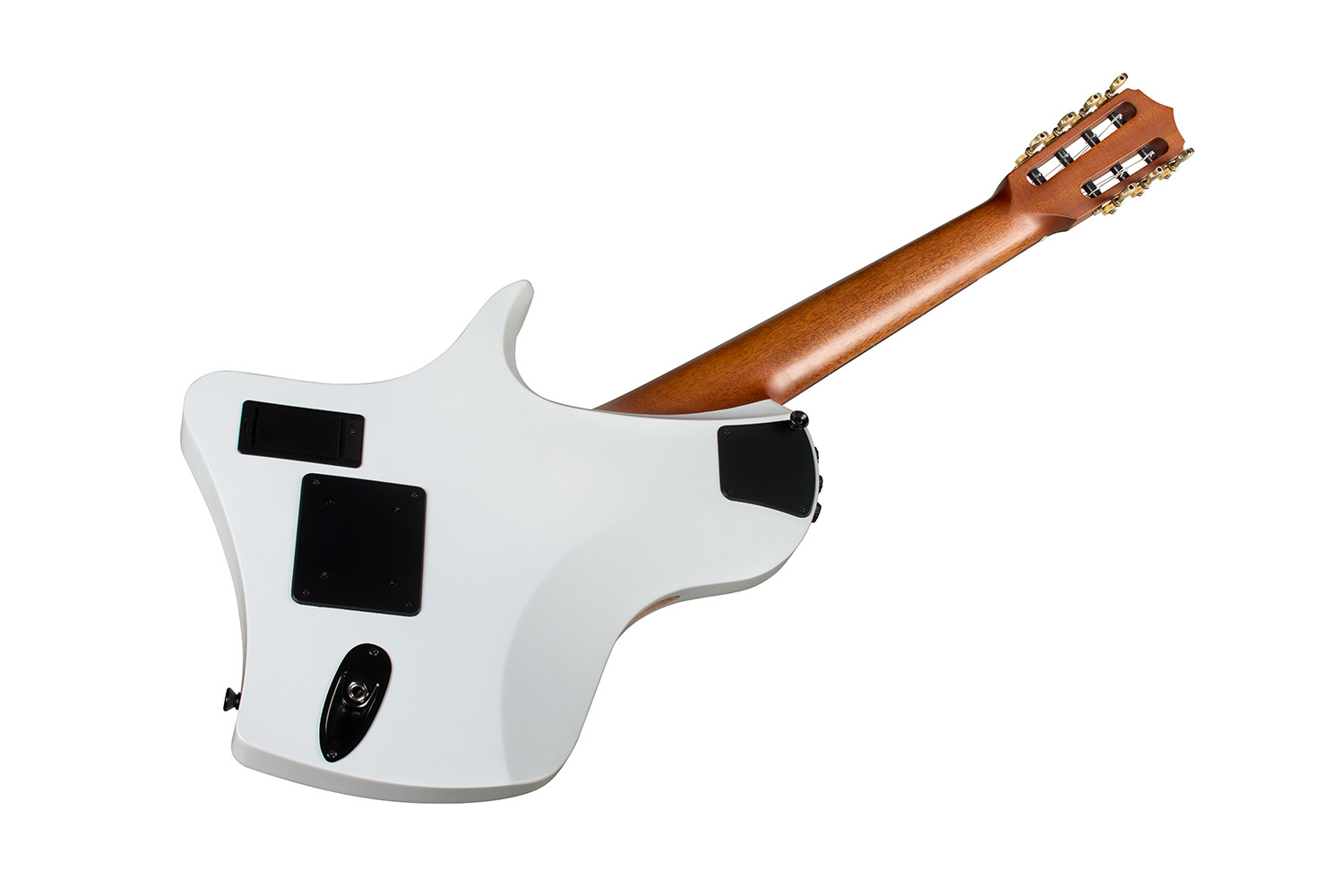 Angled back view of Abasi 7 White Burst guitar