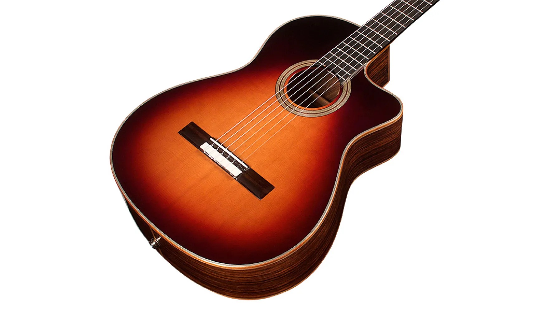 Angled close-up front body view of Orchestra CE Teardrop Burst