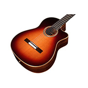 Angled close-up front body view of Orchestra CE Teardrop Burst thumb