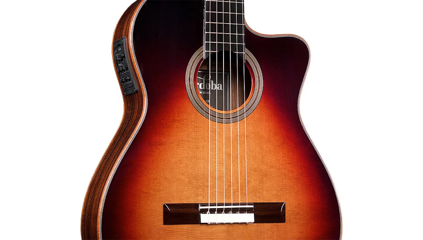 Close-up body view of Orchestra CE Teardrop Burst